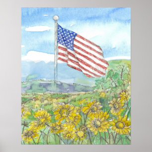 Póster Bandera Americana Flor Silvestre Amarilla Paisaje