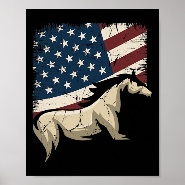 Póster Bandera Americana Patriótica Caballo Montando por (Frente)