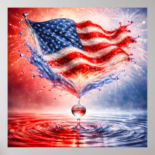 Póster Bandera Americana Patriótica Salpicadura Líquida