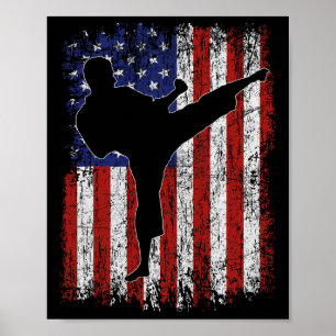 Póster Bandera Americana Usa High Kick Karate Silhouette