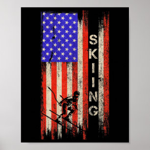 Póster Bandera Americana Vintage Usa Esquiador Silueta