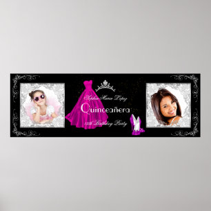 Póster Bandera Añadir Fotos Fiesta Quinceañera Rosa Negro