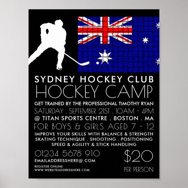 Póster Bandera australiana, jugador de hockey, publicidad (Frente)