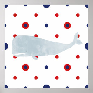 Póster Bandera azul rojo de ballena gris náutica