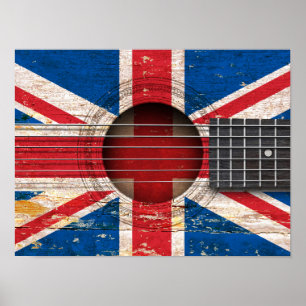 Póster Bandera británica en la guitarra acústica vieja