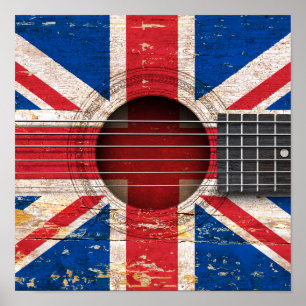 Póster Bandera británica en la guitarra acústica vieja