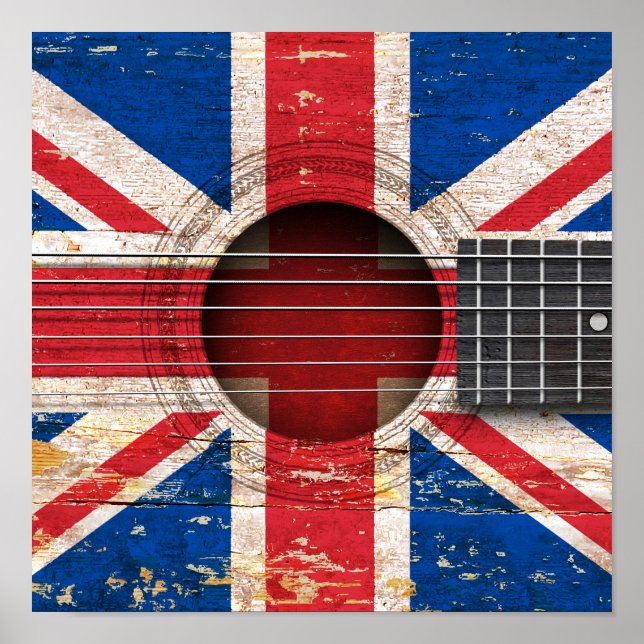 Póster Bandera británica en la vieja guitarra acústica (Frente)