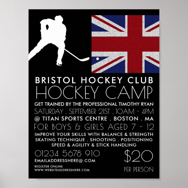 Póster Bandera británica, jugador de hockey, publicidad d (Frente)