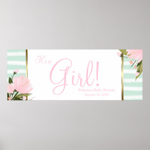 Póster Bandera de Baby Shower Rosa y Verde Menta