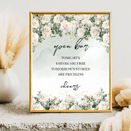 Póster Bandera de bar Boho White Roses Greenery y Gold Op