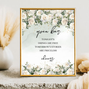 Póster Bandera de bar Boho White Roses Greenery y Gold Op