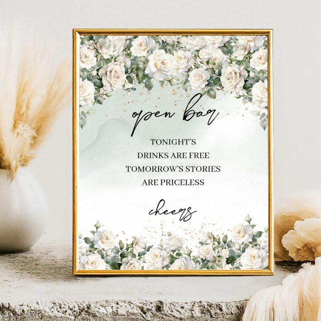 Póster Bandera de bar Boho White Roses Greenery y Gold Op (Elegant White Roses Floral Garden greenery open bar wedding tabletop sign)