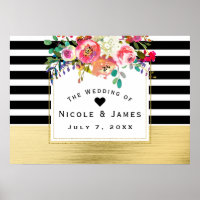Bandera de Boda Glam Floral Moderna en Blanco Negr