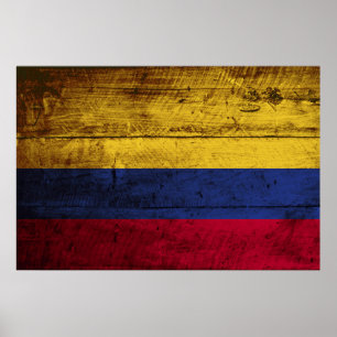Póster Bandera de Colombia en grano de madera viejo