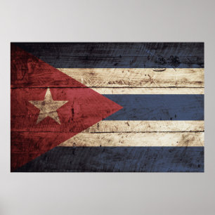 Póster Bandera de Cuba en grano de madera viejo