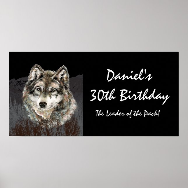 Póster Bandera de cumpleaños 30 Líder de la manada Lobo D (Frente)