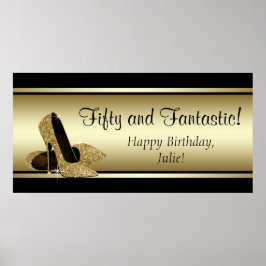 Póster Bandera de cumpleaños con tacones altos de oro neg