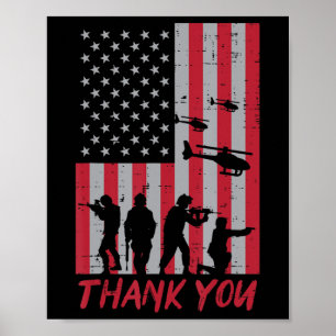 Póster Bandera de EE. UU. Soldados Helicóptero Gracias Dí