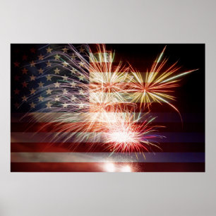 Póster Bandera de Estados Unidos con Poster de fuegos art
