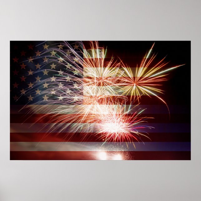 Póster Bandera de Estados Unidos con Poster de fuegos art (Frente)