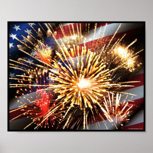 Póster Bandera de Estados Unidos y fuegos artificiales