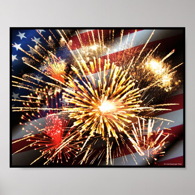 Póster Bandera de Estados Unidos y fuegos artificiales (Frente)