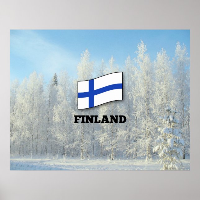 Póster Bandera de Finlandia, pinos cubiertos de nieve (Frente)