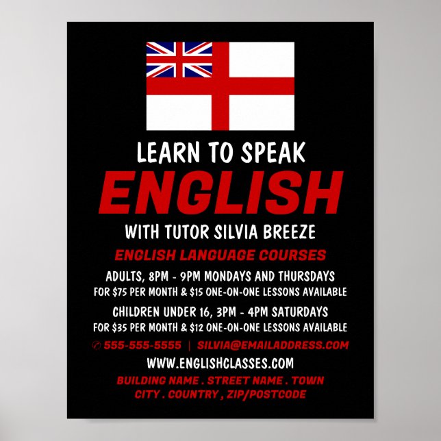 Póster Bandera de Inglaterra, anuncio de curso en inglés (Frente)