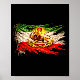 Póster Bandera de Irán con emblema de león y sol, Persia 