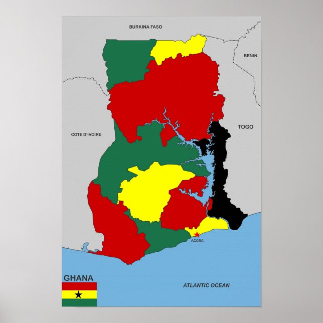 Póster bandera de mapa del país de ghana (Frente)