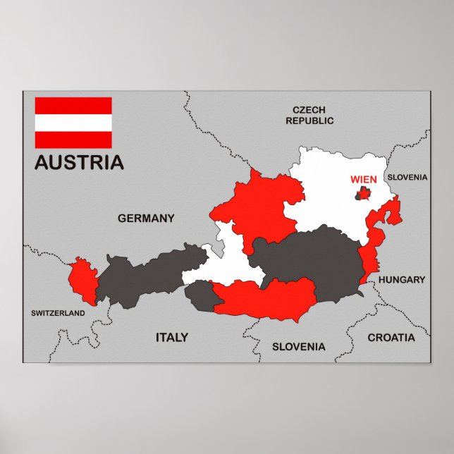 Póster bandera de mapa político del país de austria (Frente)