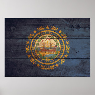 Póster Bandera de New Hampshire de la Madera Antigua;