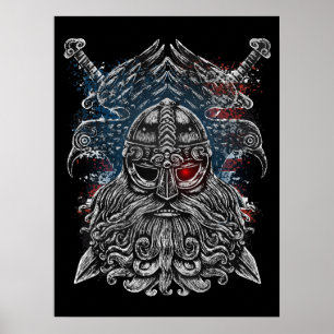 Póster Bandera de Odin ravens y espadas Viking Mythology 