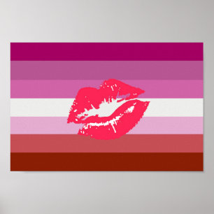 Póster Bandera de orgullo lesbiana con labial y labios
