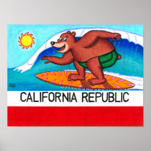 Póster Bandera de Oso de Surfing de California