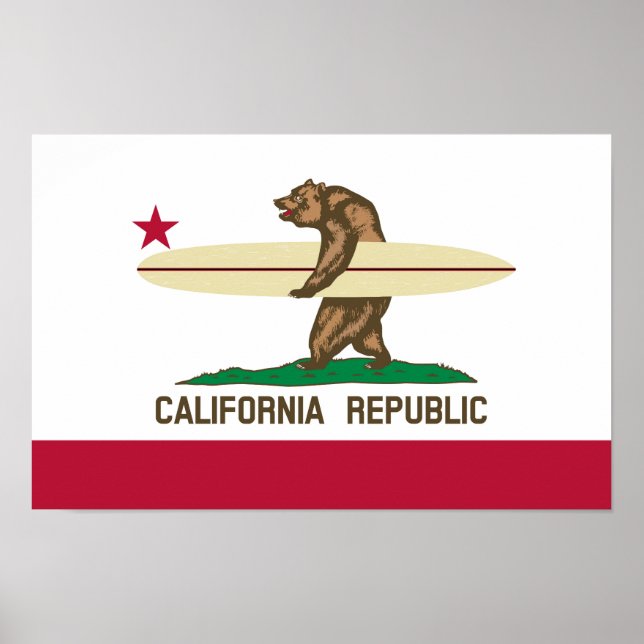 Póster Bandera de oso para surfistas de California (Frente)