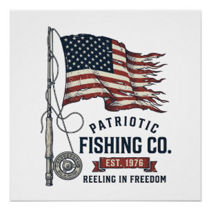 Póster Bandera de pesca patriótica vintage diseño vectori