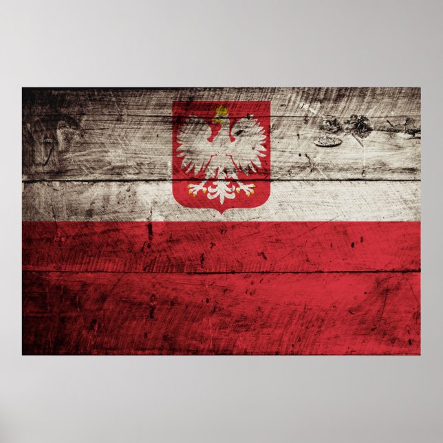 Póster Bandera de Polonia sobre grano de madera vieja (Frente)
