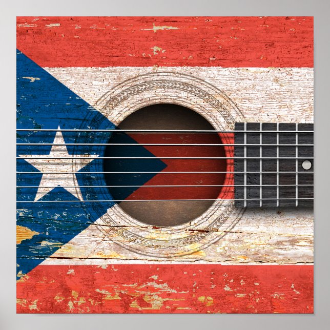 Póster Bandera de Puerto Rico en vieja guitarra acústica (Frente)