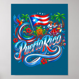 Póster bandera de puerto rico floral rana boricua hispáni