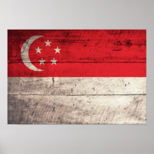 Póster Bandera de Singapur de madera antigua