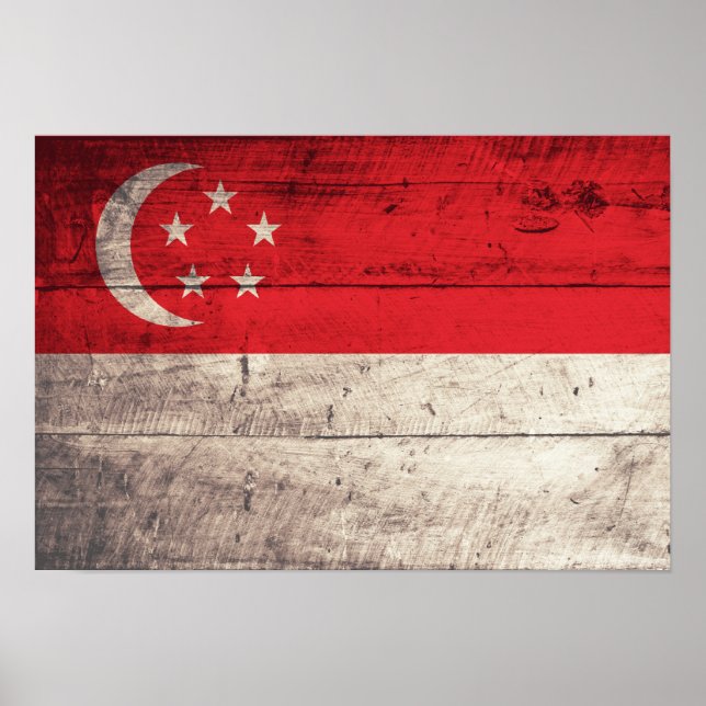 Póster Bandera de Singapur de madera antigua (Frente)