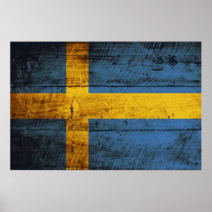 Póster Bandera de Suecia en grano de madera vieja
