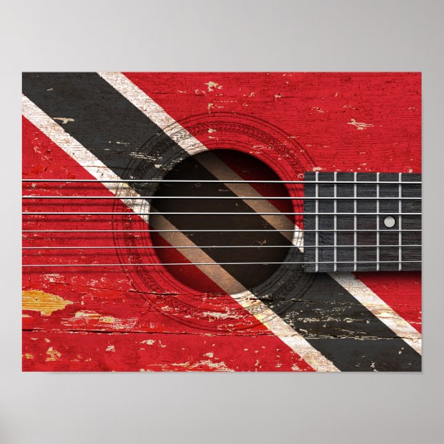 Póster Bandera de Trinidad y Tobago en vieja guitarra acú (Frente)