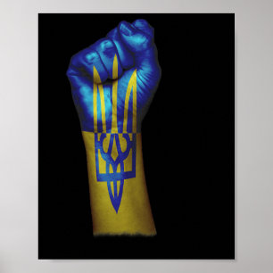 Póster Bandera de Ucrania + Tridente en un puño cerrado l