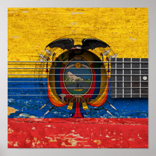 Póster Bandera del Ecuadorian en la guitarra acústica