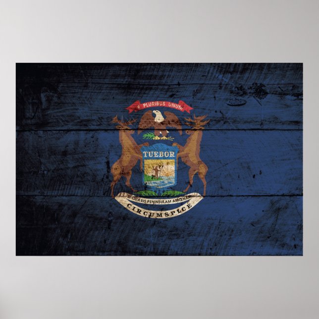 Póster Bandera del estado de Michigan en grano de madera  (Frente)