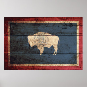 Póster Bandera del estado de Wyoming en grano de madera v
