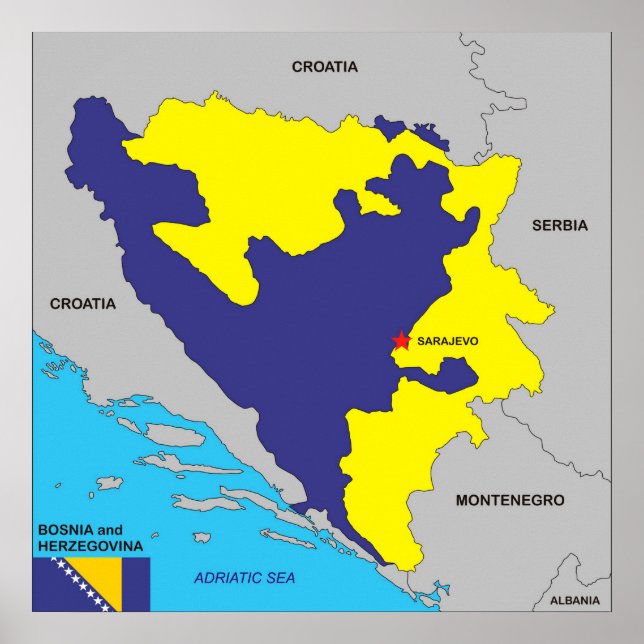 Póster Bandera del mapa político de Bosnia y Herzegovina (Frente)