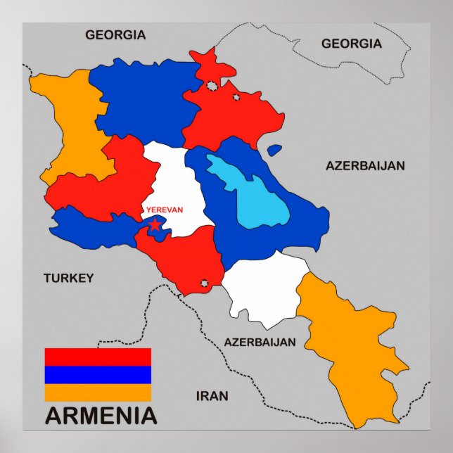 Póster bandera del mapa político del país armenio (Frente)